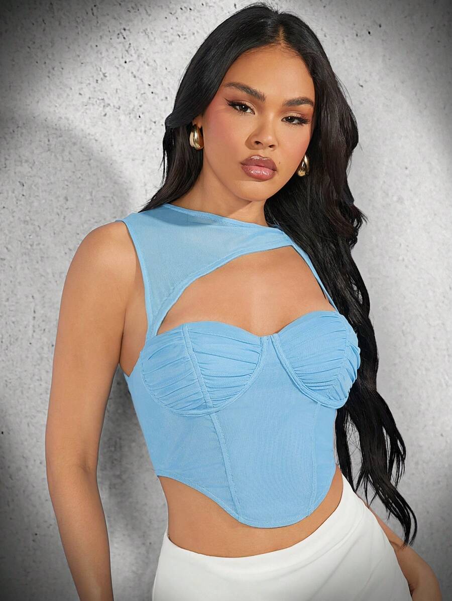 Hauture Knitted Mesh Solid Color Hollow-Out Women's Bralette Tank Top - Blue - View 1