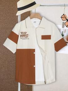 Tween Boy Color Block Casual Short Sleeve Single-Breasted Shirt, Summer