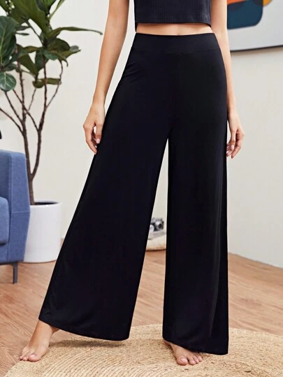 SHEIN Essnce Plus Size Women's Spring And Summer Fashion Casual Loose Daily Comfortable High Elastic Basic Black Wide-Leg Pants,Curve Women Bottom,Work Pants,Airport Outfits