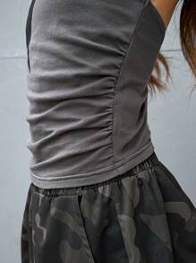 SHEIN Teen Girl Knitted Star Print Ruffled Halter Top And Camo Patch Pocket Skirt Set, 2pcs - Grey - View 6