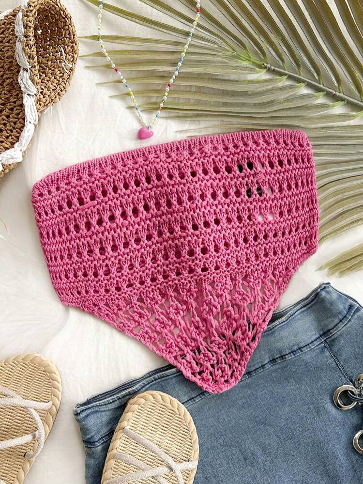 Women's Vacation Style Strapless Knit Top With Cute Bow Tie And Crochet Hook Button, Perfect For Graduation Season And Wedding Season, In Pink