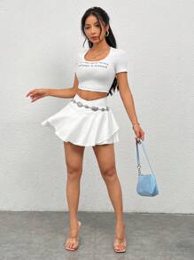 SHEIN PETITE 運動基本v字腰泳裙打底褲 - 白色 - 查看 6