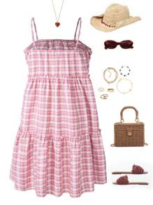 SHEIN Vestido de tirantes a cuadros con múltiples capas de volantes en el dobladillo para adolescente en vacaciones de verano - Multicolor - Ver 2