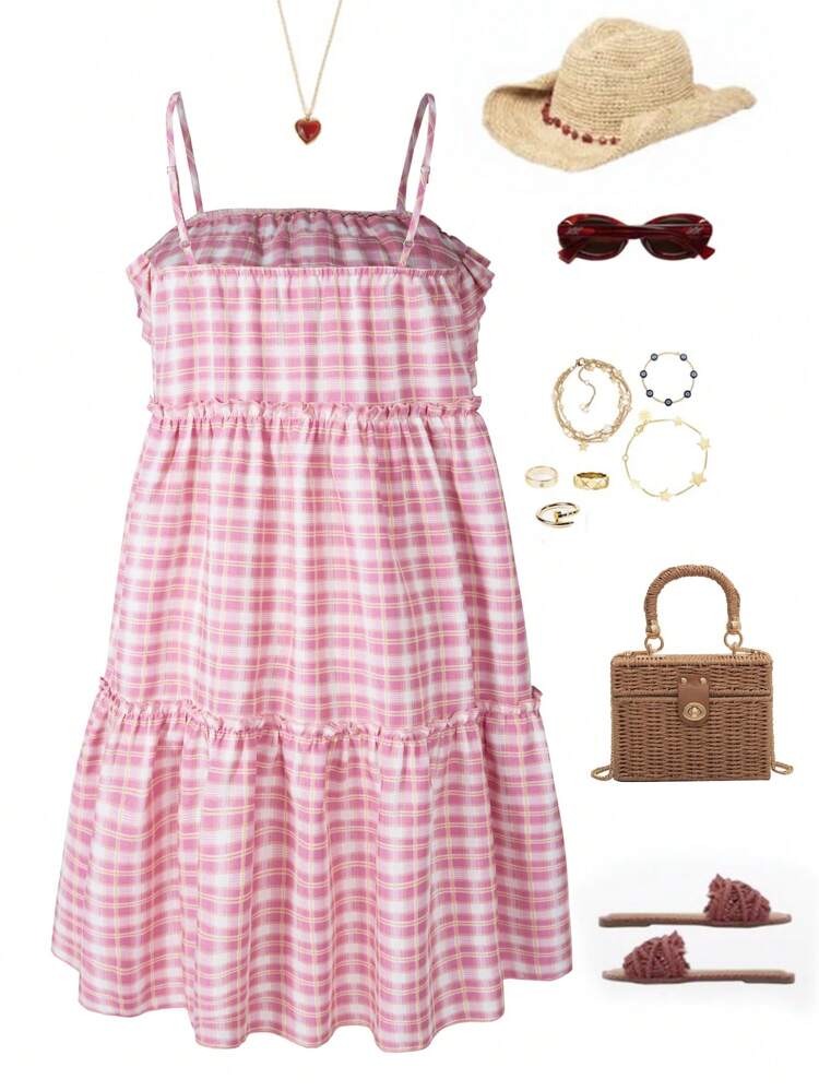 Teen Girl Summer Holiday Plaid Multi-Layer Ruffle Hem Cami Dress