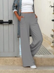 Plus Size Solid Color Elastic Waist Straight Leg Gray Casual Pants, Suitable For Spring/Summer Daily Wear - Grey - View 1