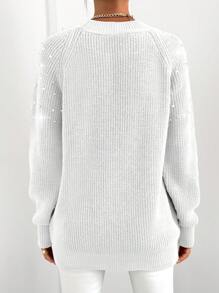 EURMUSE Jersey De Manga Larga Raglán Para Mujer Decorado Con Perlas - Blanco - Ver 2