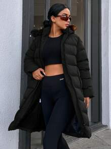 RueChic Women'S Medium-Long Padded Jacket With Collar - Black - View 3