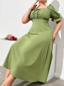 Mulvari Plus Size Women's Solid Color Simple Daily Dress, Milkmaid Sundress - Green - View 3