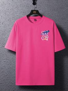 Manfinity Homme Loose Fit Men's Cartoon Bear & Slogan Graphic Tee - Hot Pink - View 3
