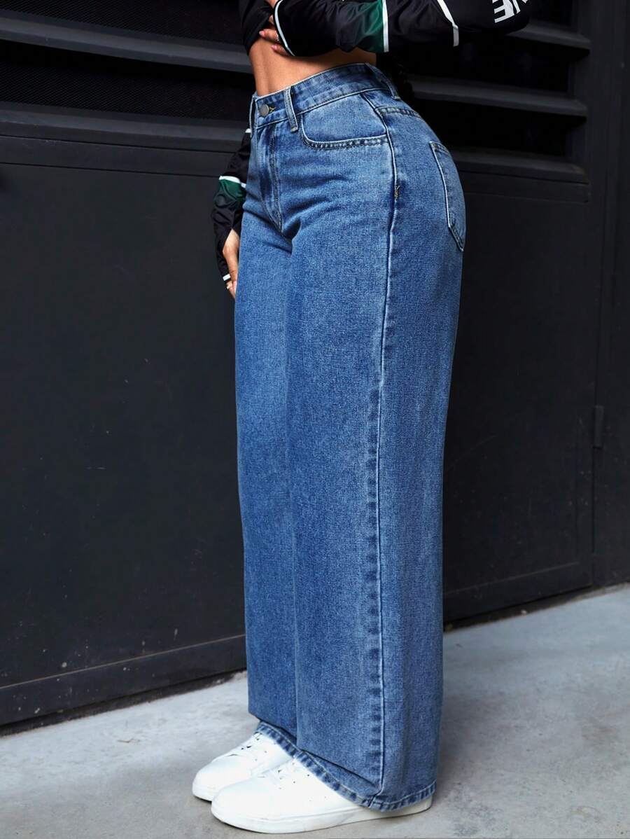 SHEIN PETITE Women's Loose Wide Leg Denim Jeans With Pockets - Dark Wash - View 1