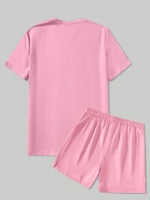 Manfinity Homme Plus Size Men's Cartoon Teddy Printed Round Neck Short Sleeve Casual T-Shirt And Drawstring Waist Shorts Set, Summer - Pink - View 2