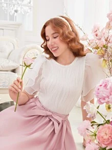 SHEIN Teen Girl Solid Color Jacquard Mesh Panel Ruffle Sleeve Casual T-Shirt - White - View 6