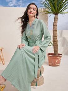 Al Najma V領腰帶休閒長袖日常穿著連衣裙 - 綠色 - 查看 1