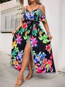 SHEIN VCAY Plus Size Kỳ nghỉ Spaghetti dây đeo lệch vai Áo dài in hình - Nhiều màu - Xem 4