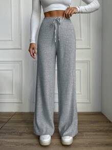 SHEIN Cottnline 純色針織喇叭袖毛衣和褲子套裝 - 淺灰色 - 查看 5