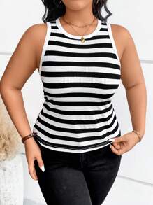 Calvaya Áo ba lỗ cổ tròn in gân & gân cỡ lớn cho mùa hè Áo thun họa tiết thường ngày dành cho nữ - Đen và trắng - Xem 5