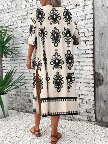 SHEIN LUNE Damska koszulka z ochroną przeciwsłoneczną i nadrukiem na letnie wakacje na plaży, długa czarna z szalowymi rękawami - Morela - Zobacz 2