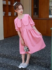 女孩编织深粉色海军蓝领前开口纽扣泡泡袖松紧腰拼接 A 字裙适合度假和郊游，夏季母女搭配服装（2 件单独出售） - 珊瑚粉 - 查看 6