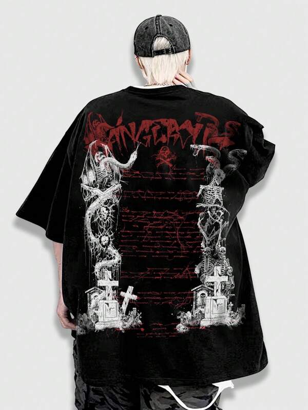 ROMWE MEN Goth Tricou bărbătesc cu mânecă scurtă, cu imprimeu gotic, potrivit pentru purtare zilnică primăvara și vara, școală, Rave