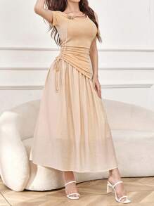 Modelyn Women's Solid Color Asymmetrical Neckline Pleated Short Sleeve Top And Skirt Casual Summer Two-Piece Set 2 Pieces Set - Apricot - View 7