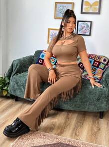 Flirla Plus Size Áo dệt kim tay ngắn khoét rỗng và quần dài tua rua 2 cái/bộ - màu nâu - Xem 2