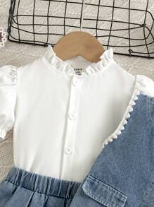 3pcs Fashionable Baby Girls' Puff Sleeve Shirt And Embroidered Denim Top, Simple Denim Pleated Skirt - Navy Blue - View 7
