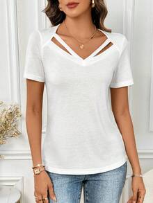 SHEIN Clasi Comfortable Short Sleeve T-Shirt With Hollowed-Out Collar For Summer White Top - White - View 3