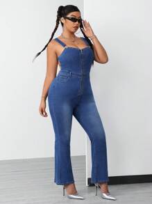 SHEIN ICON 特大號夏季時尚拉鍊前後無背修身喇叭牛仔褲背帶褲 - 藍色 - 查看 6