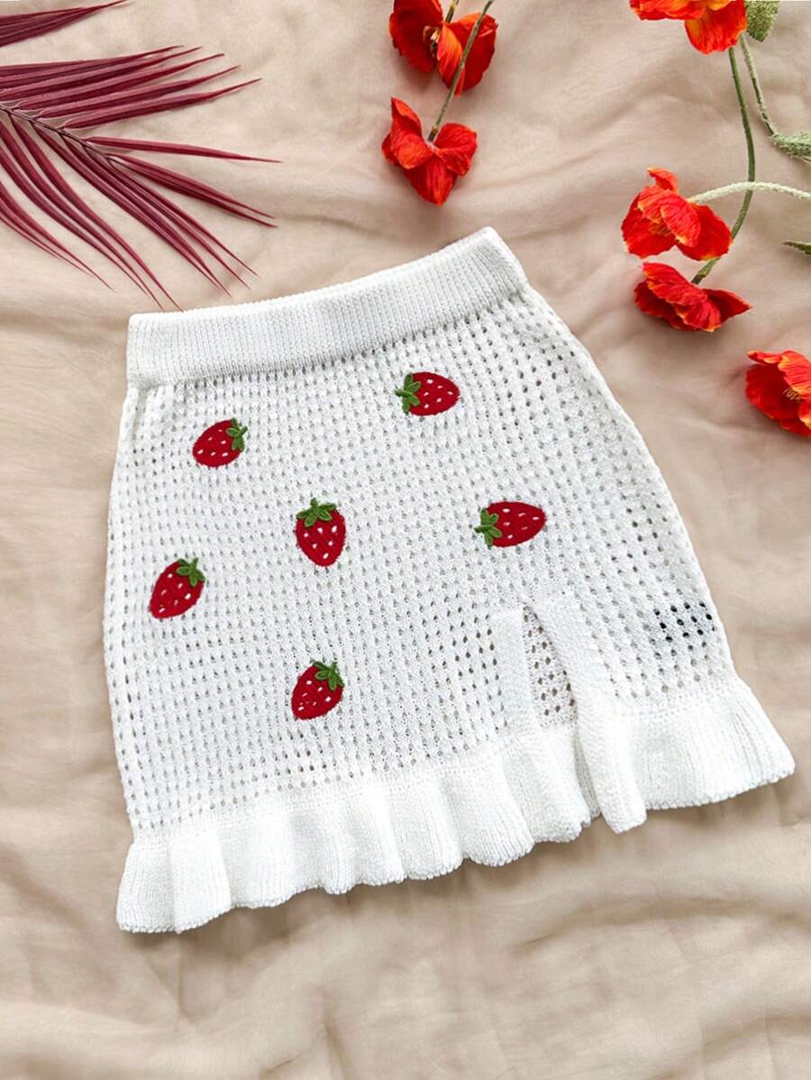 Soleia Stickad kjol med slitsar, jordgubbsdekoration och volangkant för kvinnor, höst/vinter - Vitt - Visa 1