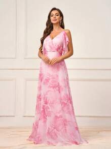 SHEIN Belle Women's Pink Elegant Spring Wedding Formal Bridesmaid Dress, Large Flower Print Ultra-Soft Gauze,Pleated V-Neck Asymmetrical Ruffle Sleeves - Pink - View 6
