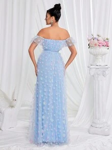 Women's Blue Off Shoulder Mesh Evening Dress - Blue - View 2