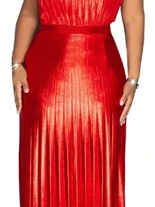 Women's Summer Asymmetrical Neck Party Pleated Maxi Dress - Red - View 7