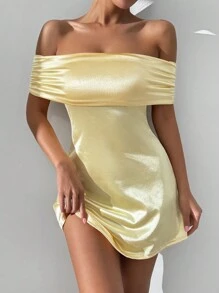 SHEIN Foxxy Đầm dự tiệc hở vai gợi cảm mini ngắn bằng vải satin trang phục dành cho nữ - Màu vàng - Xem 2