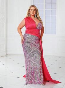 Plus Size Rose Red Ribbon Dress - Hot Pink - View 6