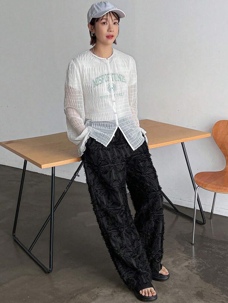 FRIFUL 女裝簡約風印花日常長褲 - 黑色 - 查看 2