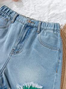 Tween Girl Fashionable Casual Distressed Denim Shorts Set - Medium Wash - View 5