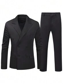Manfinity Mode Men's Casual Solid Color Double Breasted Suit Jacket And Pants Set - Black - View 3