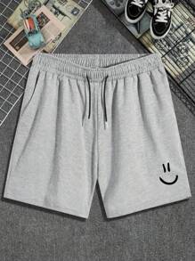 Manfinity Homme Loose Fit Men's Expression Print Drawstring Waist Shorts - Light Grey - View 3