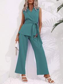Chiquease Women's Simple Casual Collarless Sleeveless Suit Vest And Trousers Suit Set - Blue - View 4