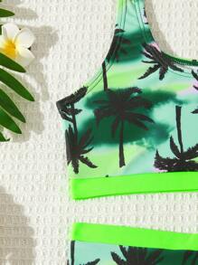 Young Girl Summer Beach Coconut Tree Print Tankini Set - Green - View 4