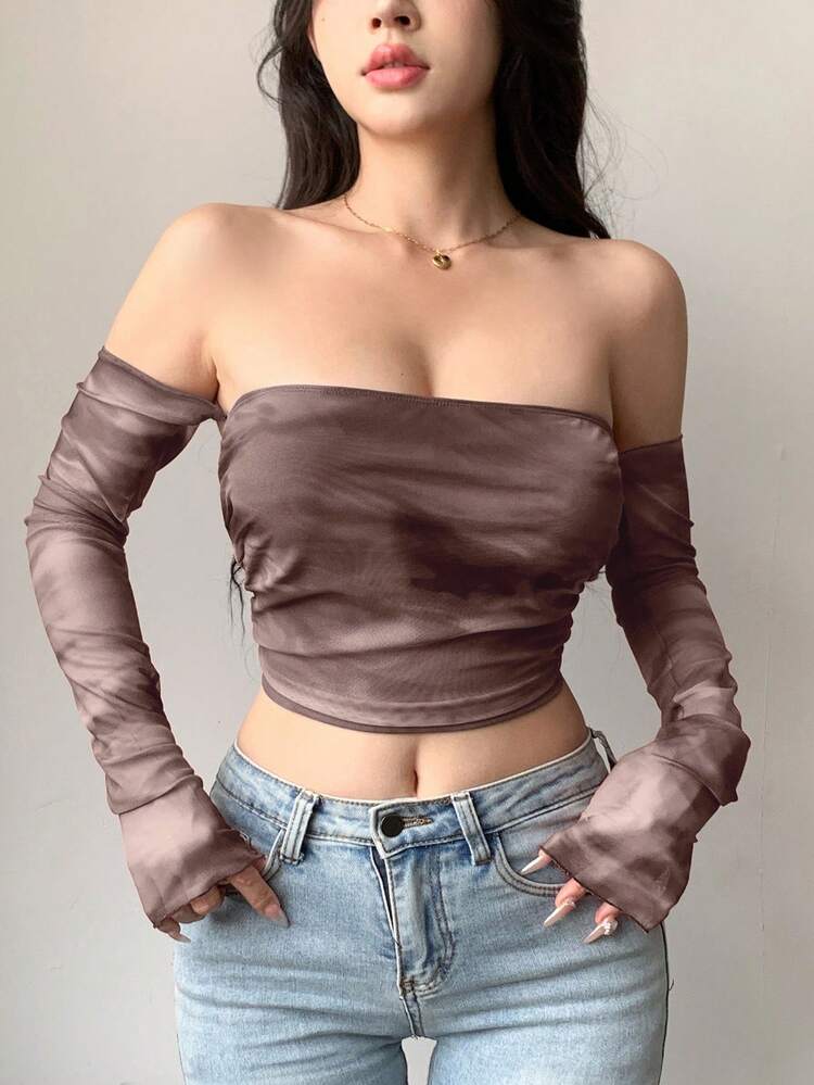 Tie Dye Sheer Mesh Cropped Off-Shoulder Long Sleeve Women's Top Going Out Tops Festival Summer,Off Shoulder Top,Back To School Clothes