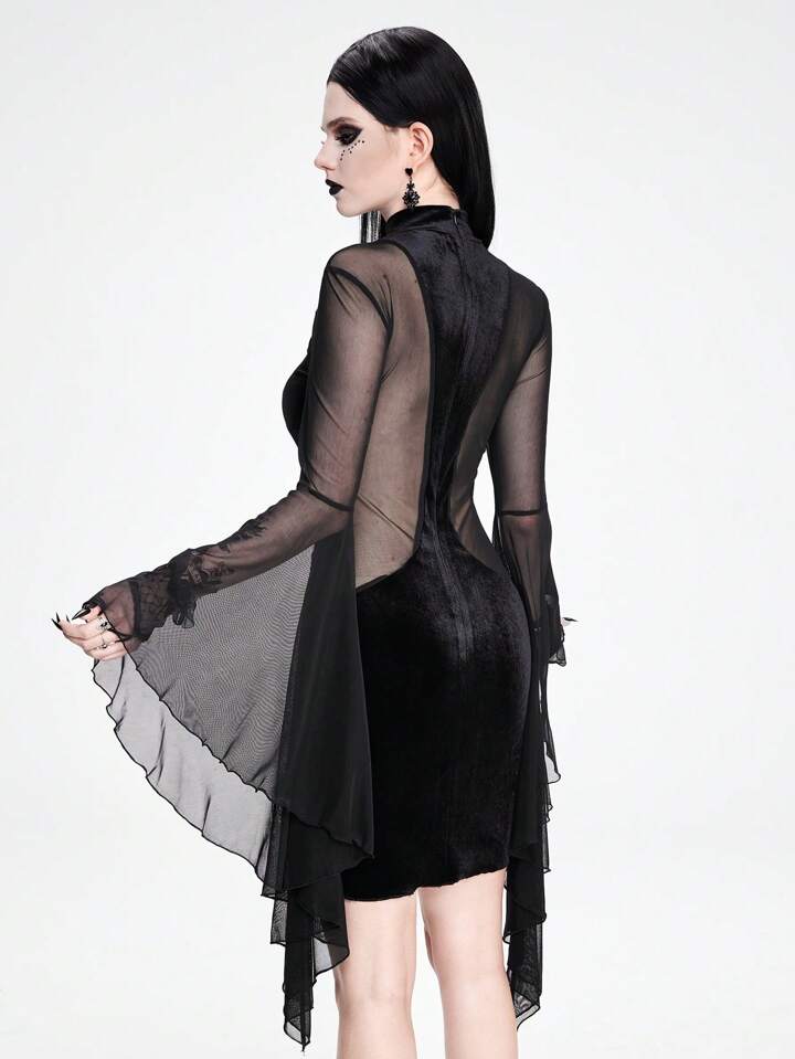 gothic sheer dress Women Gothic Lace Long Dress Sheer Mesh Sleeve High Slit Evening Gown Party