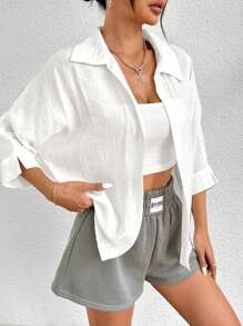 SHEIN PETITE Spring White Solid Batwing Sleeve White Shirt,Three Quarter Sleeve Tops