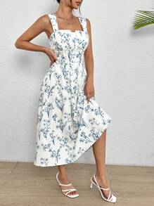 SHEIN PETITE 浪漫花朵印花無袖連身裙，毛邊束腰設計，夏季必備 - 淺藍色 - 查看 6