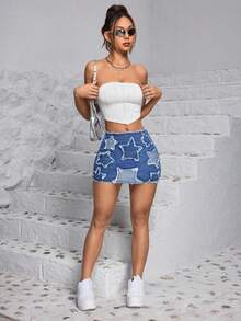 SHEIN PETITE 夏季性感鬆緊短裙-星型圖案，磨損邊緣設計 - 藍色 - 查看 6