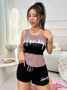 Slogan Printed Color-Block Vest & Shorts Pajama Set