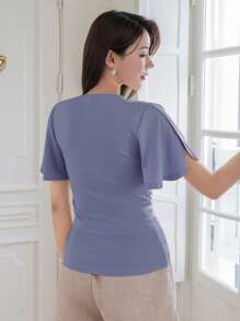 Wynsel Ladies' Summer Solid Color Wrap-Over Ruffled Short Sleeve V-Neck T-Shirt - Blue - View 5