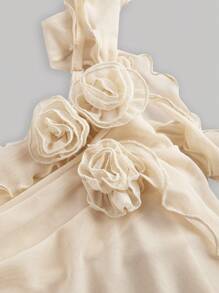 SHEIN MOD 米色綁身針織網紗連衣裙，帶有3D花朵裝飾和流蘇肩帶，中長款 - 杏色 - 查看 3