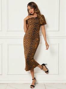 SHEIN Clasi Women's Elegant Bodycon Abstract Printed Dress Turquoise Dress - Rust Brown - View 5