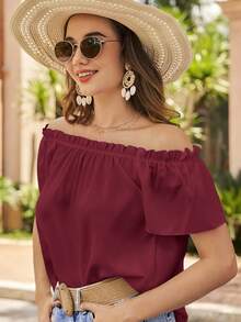 SHEIN VCAY Blusa simple de hombros descubiertos de unicolor para mujer, uso diario - Burdeos - Ver 3